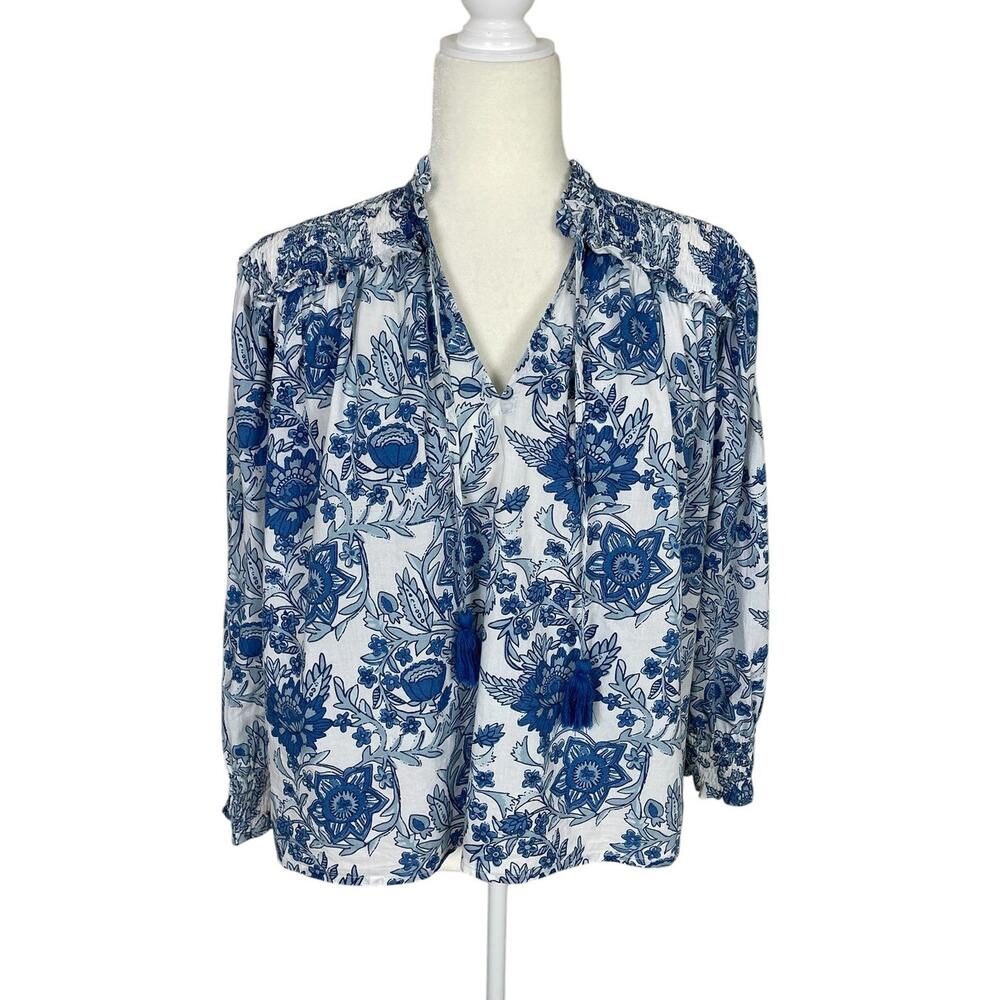 Ro's Garden Cotton Floral Peasant Top Blue White Size Small Cottage Boho Chic